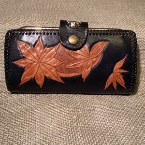 Vintage tooled leather wallet , black & tan